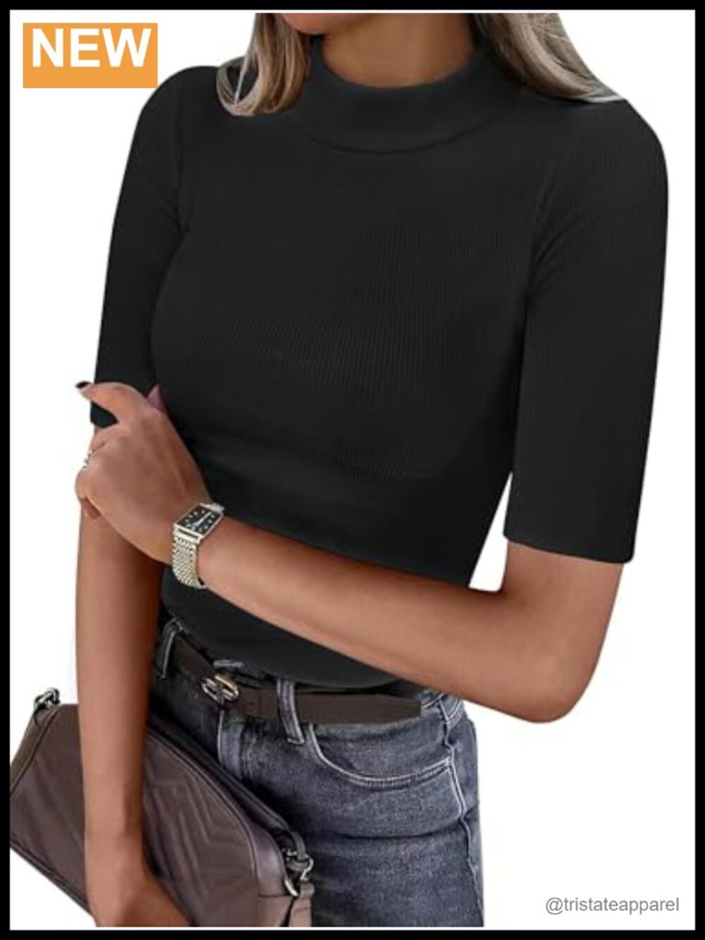 ANRABESS Mock Neck Half Sleeve Ribbed Knit Slim Fit T-Shirt Top
